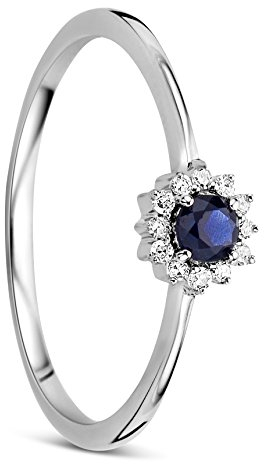 Orovi Solitär Ring Damen Weißgold 9 Karat / 375 Gold Solitär Blauer Saphir Diamant Brillianten 0,05 ct