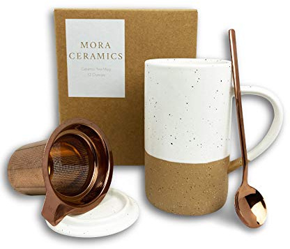 Mora Ceramics Tea Cup with Loose Leaf Infuser, Spoon and Lid, 12 oz, Microwave and Dishwasher Safe Coffee Mug - Rustic Matte Ceramic Glaze, Modern Herbal Tea Strainer - Great Gift for Women, Petro