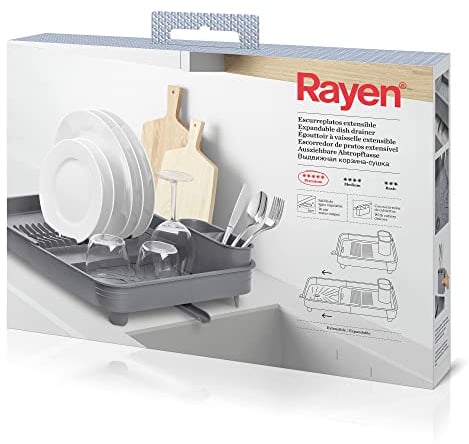 Rayen | Escurreplatos Extensible | Boquilla Orientable | Recipiente Extraíble | Gris | Medidas Extendido: 36x51x9.5 cm | Medidas Plegado: 36x32x9.5 cm