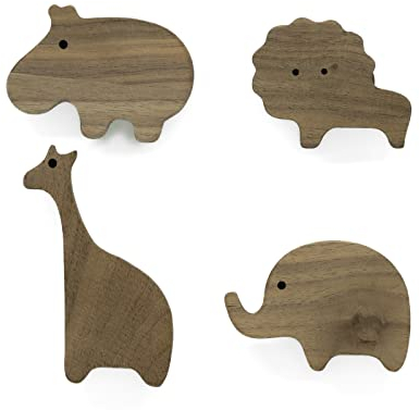 PLT 4 Stück Tierische Griffe für Kindermöbel aus unbehandeltem Walnussholz, Knauf, Knopf für Kommode, Schrank, Schublade, Tür, Kinderzimmer, Geschenkidee (4, Elefant Löwe Nilpferd Giraffe)