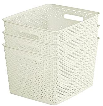 Curver My Style Rattan Effect Set of 3 Kitchen, Living room, Bathroom, Bedroom, Utility Large Rectangular Storage Baskets 18 Litres - White, Cream