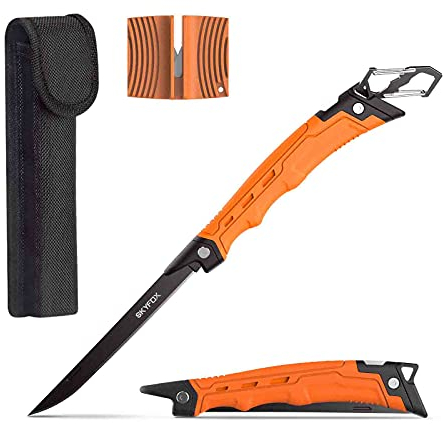 SkyFox Cuchillo fileteador plegable para pesca, cuchillos de caza para filetear pescado y deshuesar carne, afilada hoja alemana antiadherente G4416, incluye afilador de cuchillos by