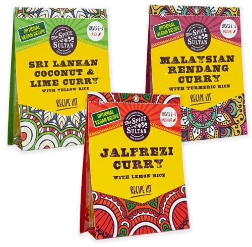 The Spice Sultan - Curry Night Favourites, Homemade curry cooking spice kit with recipes (3 curry kit pack), Sri Lankan Coconut & Lime, Malaysian Rendang Curry and Indian Jalfrezi Curry
