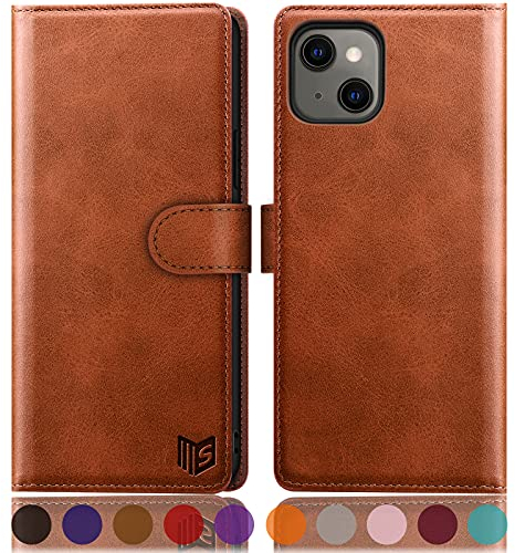 SUANPOT Cover per iPhone 13 6,1 pollici Blocco RFID Portafoglio Slot CarteSupporto Cellulare Magnetica custodia Pelle Sintetica Cover per apple 13 Marrone Chiaro