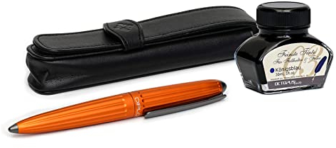 Diplomat Aero Füllhalter Set in orange mit Edelstahlfeder M, Füllhaltertinte in Königsblau und Stift-Etui aus Echtleder, Füllfederhalter, Füller
