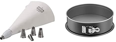 Kaiser La Forme Plus Spritzbeutel Set 7-teilig, Adapter, 5 Spritztüllen, kochfest, Schneidehilfslinie & Inspiration Springform 26 cm rund, Flachboden, runde Backform, auslaufsicher