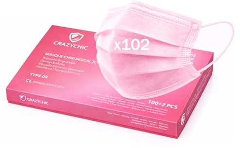 CRAZYCHIC - x102 Mascherine Chirurgiche Rosa Certificate CE EN14683 Typo IIR - Mascherina Medica Alta Filtrazione BFE>99% - Maschera di Protezione Monouso 3 Strati - Resistente agli spruzzi