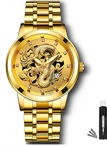 FOWAWU Herren Armbanduhr, 3D Gold Dragon Diamant Uhren, Auto Datum, Klassische Edelstahl Armbanduhr, Leuchtende 30 M wasserdicht Business Quarz Uhr
