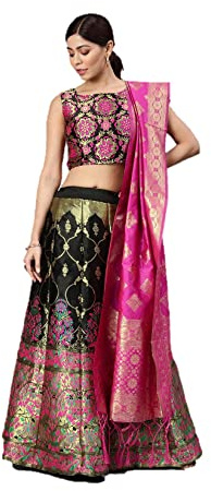 Estilo indio lehenga choli para mujer vestido de fiesta de boda totalmente cosido, Negro & fucsia, Large