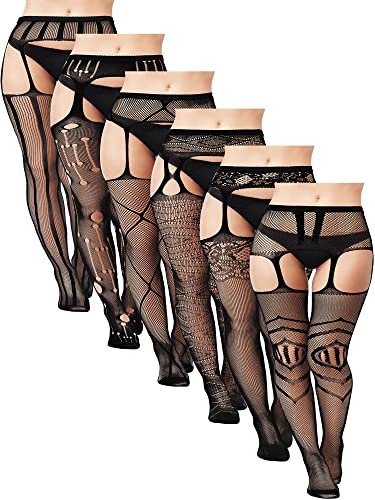 6 Pares de Medias de Rejilla de Talla Grande de Mujer Negras hasta Muslo para XL-4XL Pantimedias de Red con Tirantes Liguero