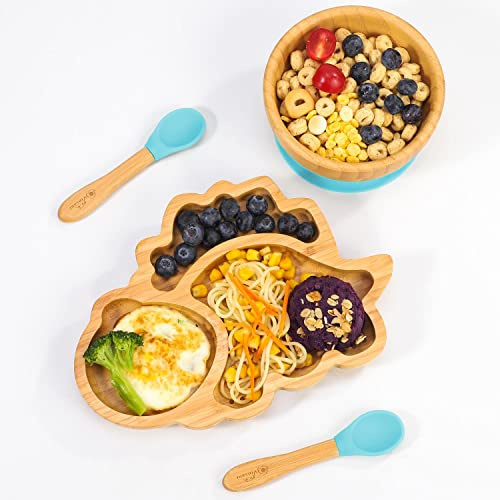 Vinsani Baby Bamboo Weaning Set, Suction Plate, Bowl & Spoon for Toddler | Food-Grade Silicone Baby Feeding Set, Non-Slip Base Bowl, BPA-Free Wooden Dinnerware for Kids, Dinosaur Themed - Blue