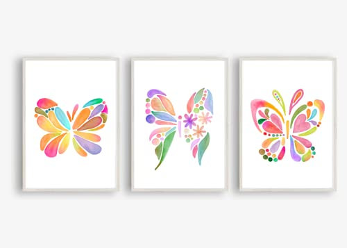 Din A4 Kunstdruck ohne Rahmen 3er Set - Schmetterlinge - Abstrakt Ornament - Aquarell - Scandi Style - Kinderzimmer Baby Bild Poster