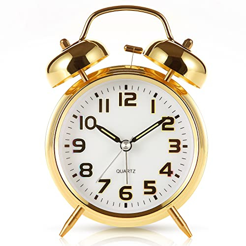 Tetino Super Loud Alarm Clock for Heavy Sleepers,4 inches Twin Bell Alarm Clock with Backlight,Battery Operated,Silent Non Ticking,for Kids,Adults,Bedrooms,Retro Decor Desk Analog Clocks. (Golden)