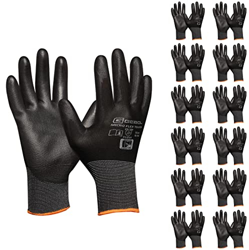 Gebol Micro Flex Touch 12er Set | Arbeitshandschuhe mit Touchfunktion | leichte Schutzhandschuhe mit Feingefühl | Damen und Herren | Größe M (Gr 8) | Schwarz | 12 Paar Multipack