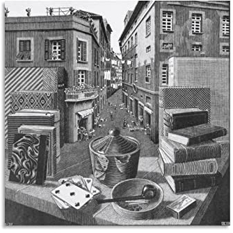 RFME Stillleben und Straße – von M.C. Escher Malerei Kunstposter Wandkunst Poster Drucke Heimdekoration Bild Leinwand Gemälde Poster 30 x 30 cm