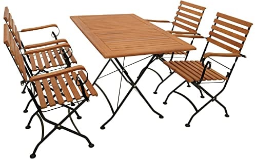 DEGAMO Garten Sitzgruppe Klappgarnitur HOFGARTEN 5-teilig (4X Armlehnensessel, 1x Tisch 70x120cm), Stahl schwarz pulverbeschichtet, Eukalyptus Holz braun geölt, FSC®-Zertifiziert, Outdoor