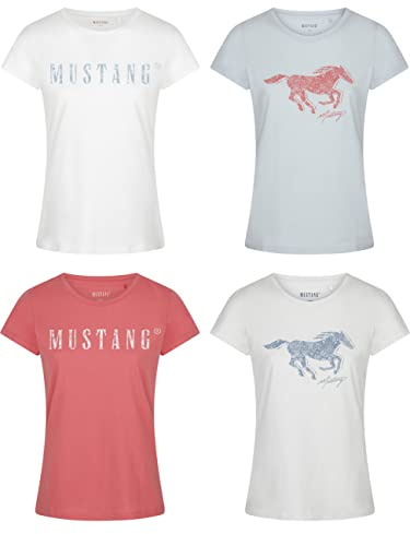 MUSTANG Damen T-Shirt 4er Pack Slim Fit Rundhals O-Neck Basic Kurzarm Logo Print Sommer Shirt 100% Baumwolle Weiß Blau Grün Rot S M L XL XXL, Größe:M, Farbe:Farbmix 6