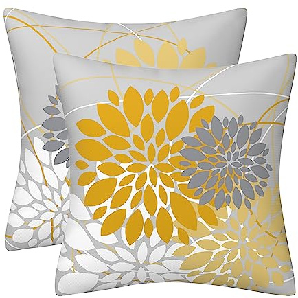 Grey Yellow Pillow Covers 18x18 Inch Spring Summer Dahlia Throw Pillow Covers Geometric Floral Elegant Line Square Cushion Cases Farmhouse Outdoor Home Decor for Sofa Bed Living Room, Set of 2