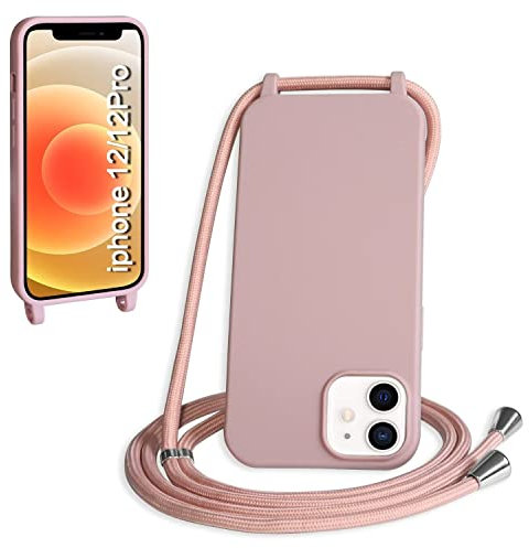 SLWYF Custodia per iPhone 12 Pro/iPhone 12 Cover con Cordino, Silicone Antiurto TPU Morbido Corda Collana Necklace Regolabile Stylish con Catena Ultra Sottile Cover Case, Rosa sabbia