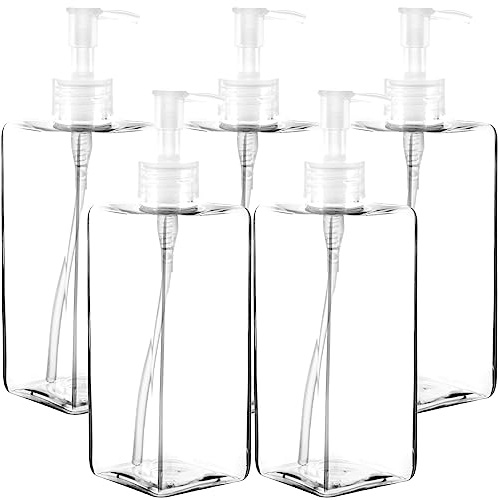 Youngever 5er Pack 500ML Pumpflaschen für Shampoo, Leere Shampoo Pumpflaschen, Quadratisch aus Kunststoff mit Auslaufsicheren Pumpen (Clear Pump)