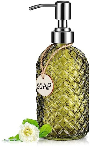 MOCLIF Transparenter Seifenspender Mit 304 Edelstahl-Pumpe für Badezimmer, Küche - Nachfüllbarer Flüssigglas-Spender für Handseife, Spülseife, Lotion, 473 ml, Grün