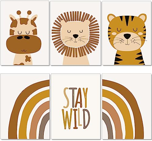 artpin® Poster Kinderzimmer, 6er Set Bilder Babyzimmer, Boho Safari Regenbogen A4 (K2)