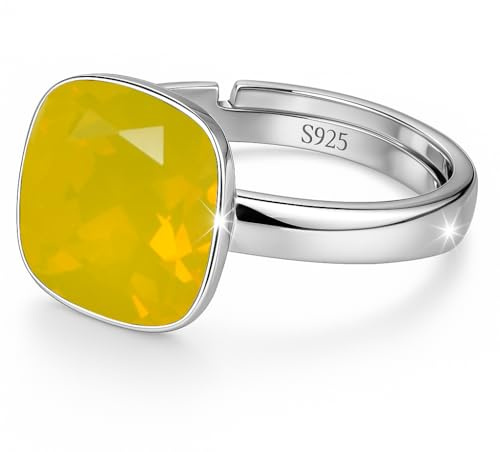 925 Sterling Silber 44 farben Ringe für Damen Verstellbarer mit Marken Kristalle, Glänzend Cubic Zirkonia Ring Fingerring Kommt in Schmuck Geschenk Box (Yellow Opal)