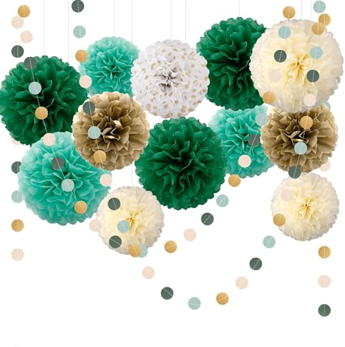 Seidenpapier Pompons Deko, Waldgrün Tissue Papier Pom Poms und Dots Papier Girlande, Bunt Pompons Deko für Hochzeit Tischdeko Geburtstag Babyparty Deko Abschlussball Festival Weihnachten Karneval