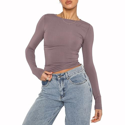 OYIGELZ Damen Langarmshirt Rundhals Slim Fit Y2K Oberteile Basic Crop Tops Casual Streetwear t Shirt(Leder Rosa-06,oM)
