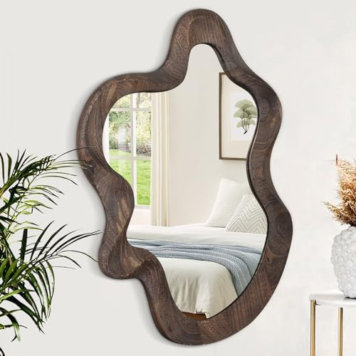 Asymmetrischer gewellter Spiegel für Wanddekoration, groß, niedlich und stilvoll, einzigartig, mit Holzrahmen, künstlerischer Wolkenspiegel, 54,9 x 38,1 cm, dekorativ für Wohnzimmer, Schlafzimmer