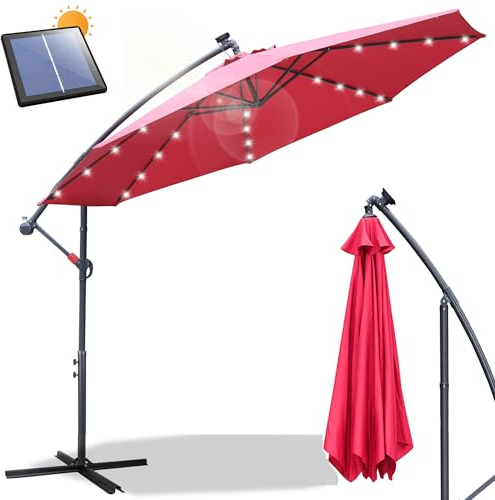 Daromigo Sonnenschirm LED Solar 350 cm Rot mit Kurbel| Alu Ampelschirm mit Ständer | Gartenschirm Sonnenschutz UV-Schutz Aluminium | Kurbelschirm Marktschirm wasserdicht für Garten
