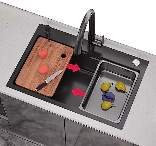 Fregadero de cocina gris oscuro Fregadero de acero inoxidable Fregadero escalonado con tabla de cortar Grifo extraíble Fregadero grande de un solo tazón Accesorios incluidos (Tamaño: 75x45cm
