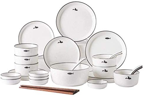 VNNHGB Elegantes Geschirr-Teller- und Schüssel-Set, Keramik-Geschirrsets, Moderne Teller und Schüsseln mit Vogel- und Fischmuster, mikrowellen- und spülmaschinenfest, 32-teiliges Set