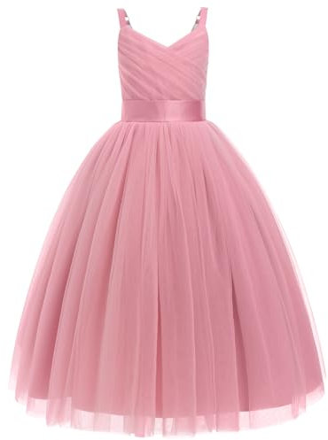 IMEKIS Vestito per bambine e ragazze, per damigella d'onore, senza maniche, con scollo a V, con volant, in tulle, elegante, per la prima comunione, per il compleanno, per la festa, rosa antico, 9 anni