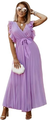 HEYPORK Damen Frühling Sommer Kleider Bequem Lässig Kleid Mode Elegant Röcke Frauen Temperament Langes Kleid Geraffte Ärmel Chiffon Faltenrock Feste Farbe Kleider(Lila, 2XL)