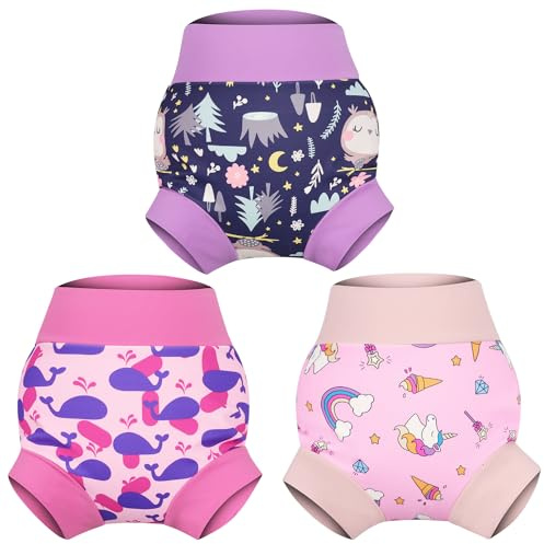 MOEMOE BABY Couches de Bain Réutilisables,Couche de Natation pour Bébés,Imperméable Couche Piscine pour Garçon et Fille,3 Paquets,Licorne+Baleine+Hibou,1-2 Ans