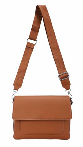 OBC Damen Tasche Shopper Brusttasche Schultertasche Crossbody Trio Umhängetasche Messenger Handtasche Crossover BodyBag Leder Optik Cognac