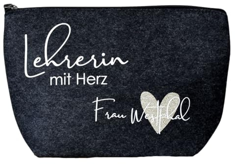 personalisiertes Geschenk - Lehrerin mit Herz und Namen | Kosmetiktasche aus Filz | Lehrerin Geschenkidee zum Abschied | Abschiedsgeschenk Grundschule | personalisierte Tasche