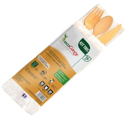 ECOCANNY, Kit di Posate in Legno di Betulla con Tovagliolo, Set Tre Pezzi (Coltello, Forchetta, Cucchiaio), 100% Compostabili e Biodegradabili, Ideali per Picnic e Catering