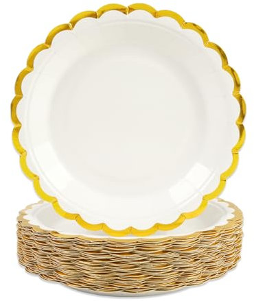 50 Pièces Assiette Jetable Festonnées 23cm, Blanc Assiettes en Carton Vaisselle Jetable Anniversaire pour Barbecue Anniversaire Fête Douche de bébé Mariages (Or Blanc, 23cm)