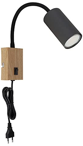 Wandleuchte Holz mit Stecker und Kabel Wandlampe Innen mit Schalter Schlafzimmer Wandlampe Bett, Schwanenhals, Metall graphit Holzoptik, 1x GU10, BxHxÜ 7x44x32 cm