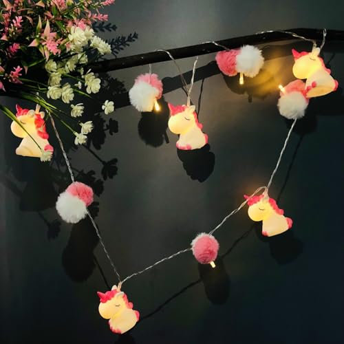 Riaxuebiy Unicorn String Light,Battery Powered Pink White Unicorn Poms Lamp Fairy Lights,LED String Lights, Unicorn Night Lights for Bedroom Birthday Decorations Lights (1.65M/10LED)