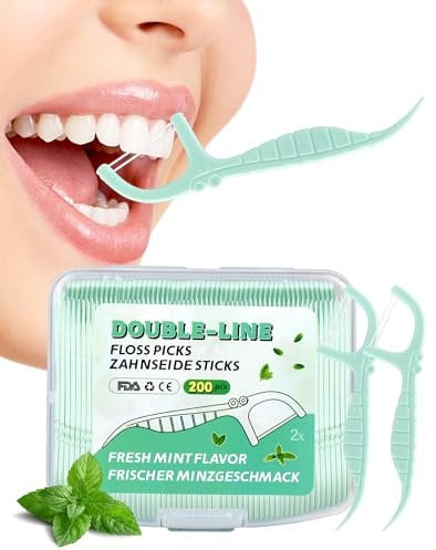 200 Stk. Zahnseide Sticks Minze Dental floss Mint Twin line Floss Zahnseide mit Zahnstocher Geschmack Minze Doopelte Fäden Zahnseidesticks mit Doulbe-Line Floss Picks Zahnreiniger Zweischenräume