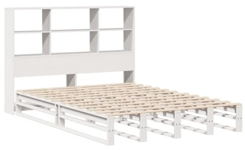 vidaXL Massivholzbett, Bett mit Bücherregal ohne Matratze, Holzbett Bettgestell mit Lattenrost, Palettenbett Doppelbett für Schlafzimmer, Weiß 135x190cm
