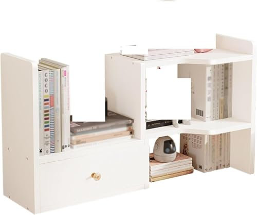 Book ShelvesLeft and Right Adjustable 2 Tiers Desk Hutch with 1 Hidden Storage Compartments, Wood Desktop Shelf Countertop Rack Storage Shelf, Office Bookcase File Organizer for Home Office Dorm(White