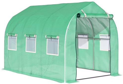 Outsunny Serre de Jardin Tunnel, serres Tunnel 6 m², avec 6 fenêtres et Porte à Fermeture éclair, Toile PE Structure en Fer galvanisé, Vert