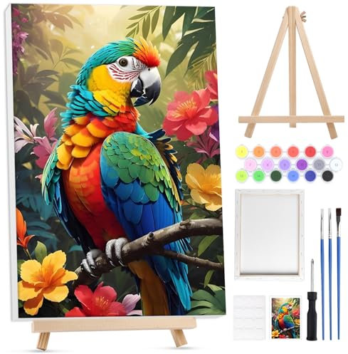 Lxmsja Perroquet Peinture Numero Enfant Adulte avec Cadre, avec Chevalet en Bois, Peinture par Numero Adulte Animaux, Numéro d'art avec Pinceaux, Loisirs Créatifs Activité Manuelle Adultes, 20x30cm