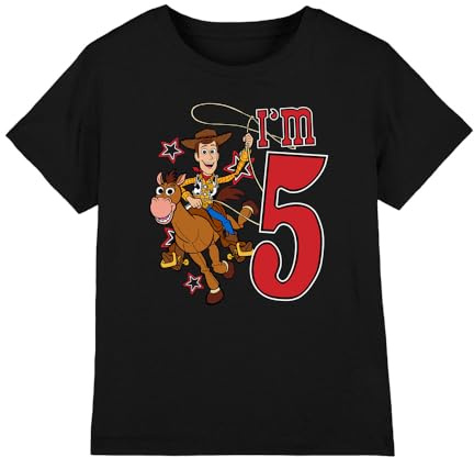Toy Story Boys Birthday Woody I'm 5 Unisex Kids T-Shirt, Black, 7-8 Years UK