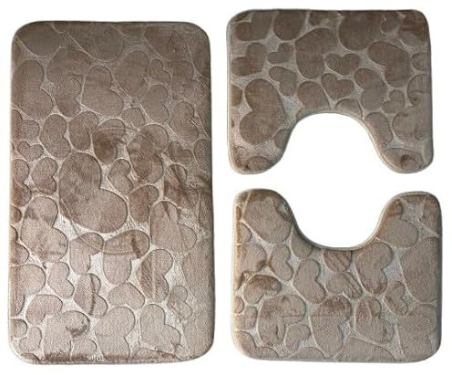 Corredocasa Set 3 Pezzi Tappeto Bagno Antiscivolo Scendidoccia Tappettino Bagno Super Assorbente Fantasia Cuori/Sassi Tessuto Lavabile Per il Bagno, La Doccia, Tappetino WC (Beige, Cuori)