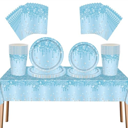 69pcs Bule Diamond Theme Disposable Party Tableware Set | Glitter & Sparkle Bule Paper Plates, Cups, Napkins & Tablecloth | Elegant Dinnerware for Women & Girls Birthdays, Weddings, Baby Showers
